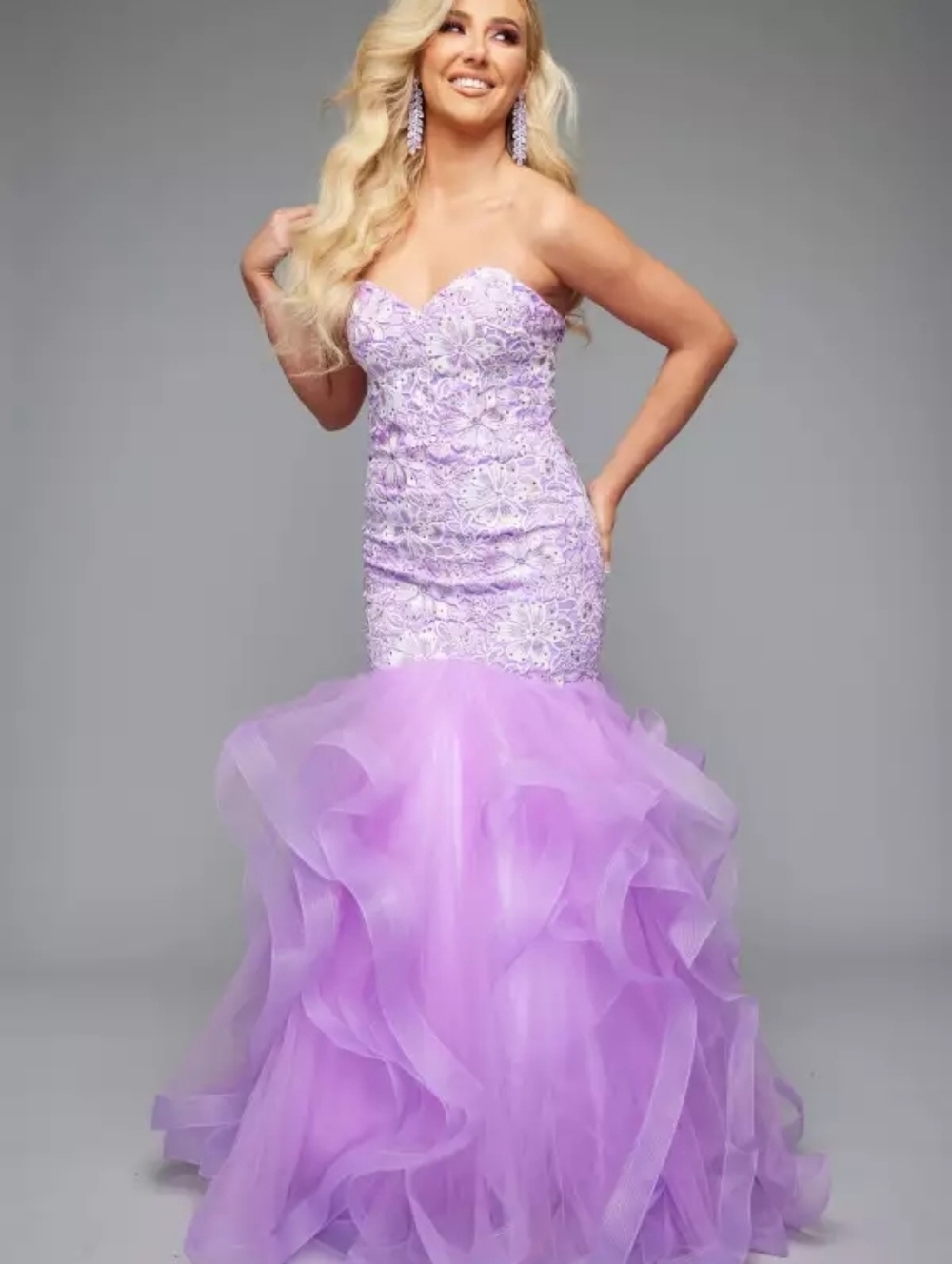 Jasz Couture Lilac Lace Mermaid Prom Dress Ruffle Skirt Strapless Size 16 NWT